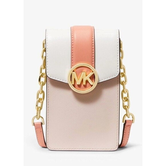 New Michael Kors Carmen Small Faux Leather Phone Crossbody Powder Blush Multi - Picture 1 of 3
